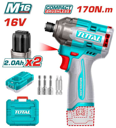 TIRLI16178 - "ТОТАL" Аккумуляторный импульсный Li-ion шуруповёрт 170Nm, 16V.
