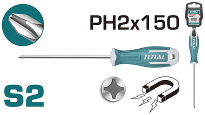 THT26PH2150 - "ТОТАL" Отвёртка INDUSTRIAL S2, PH2, Ø6,0mm, длинна 150mm.