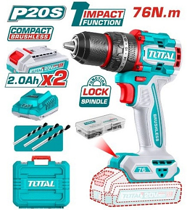 TIDLI20768 - "ТОТАL" Аккумуляторный LI-Ion бесщёточный шуруповерт 20V, 76 N.m без батареек и зарядки