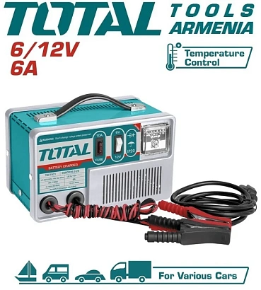 TBC1501 - "ТОТАL" Зарядное устройство 6/12V, входное напряжение 220-240V, частота 50/60 Гц.